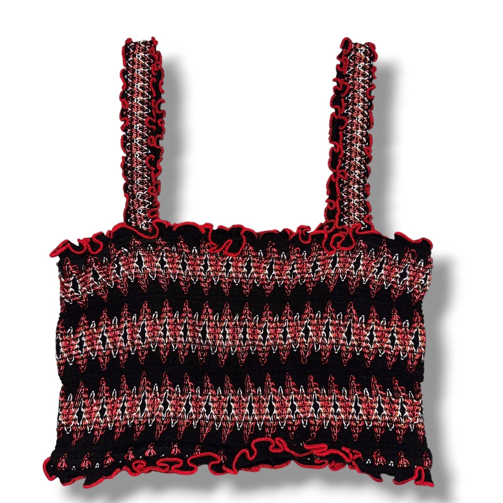 Forever 21 Smocked Crop Top Womens Small‎ Black Red Zigzag Ruffle Camisole